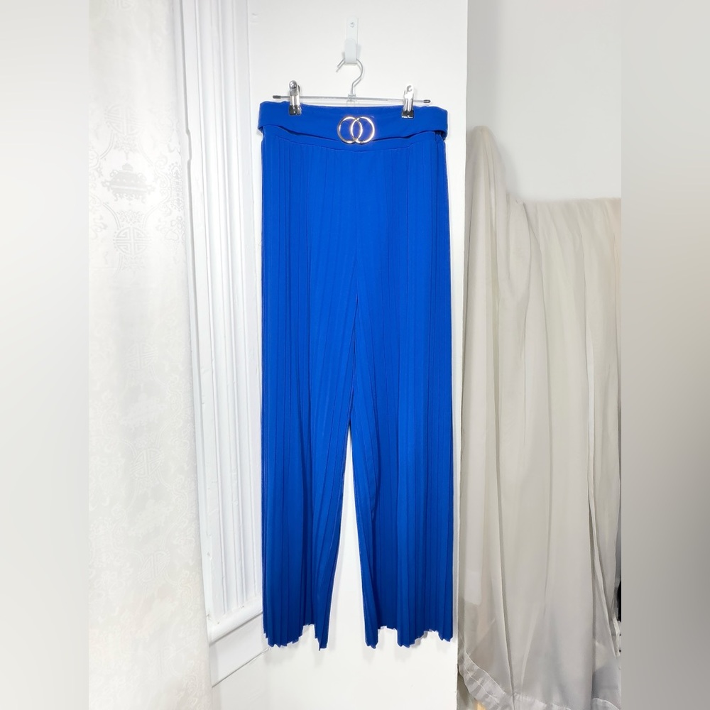 Wide leg Blue pleated pant • trouser gold buckle [ M ]